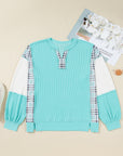 Plus Size Plaid Patchwork Corded Knit Long Sleeve Top