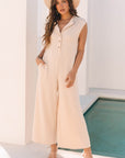 Textured Buttoned Wide Leg Sleeveless Jumpsuit