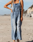 Solid Denim Distressed Bib Pocket Wide Leg Overall