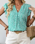 Leopard Ruffle Notched V-Neck Blouse