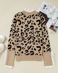 Leopard Lace Ribbed Trim Buttoned Cuff Sweater