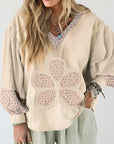 Floral Patchwork Waffle Textured V-Neck Hooded Top