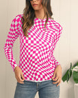 Checkered Pattern Mesh Long Sleeve Top