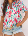 Greta Floral Split Neck Short Sleeve Blouse