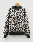 Leopard Contrast Trim Drop Shoulder Sweater
