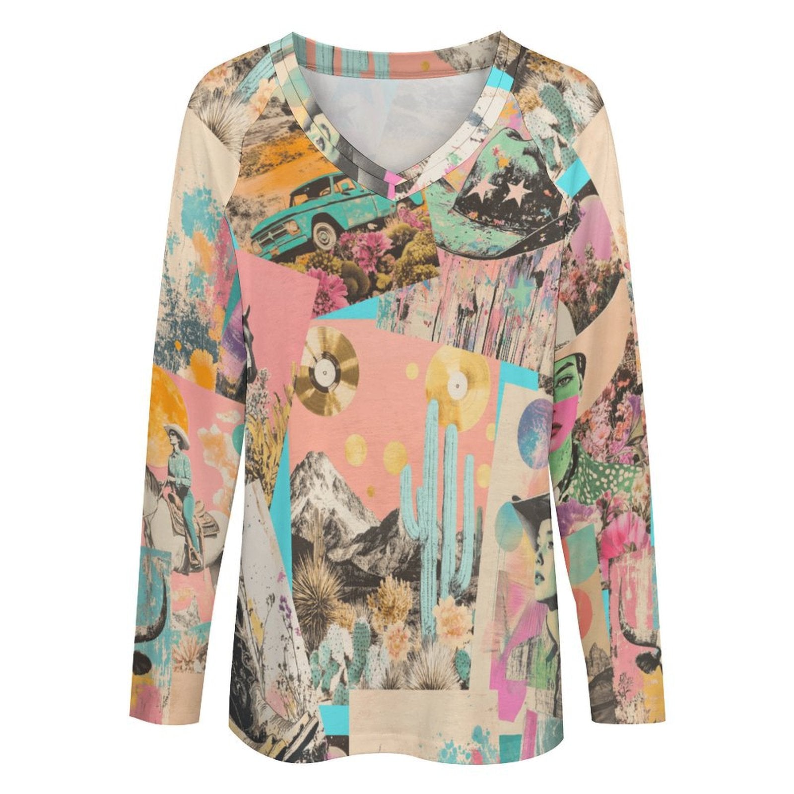 Baha Ranch Retro Pop Western Collage Long Sleeve Top