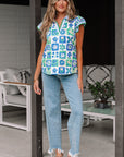 Floral Colorblock Flutter Sleeve Blouse