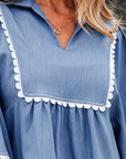 Nevaeh Lace Ric Rac 3/4 Puff Sleeve Collared Babydoll Blouse