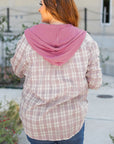 Plus Size Plaid Button-Up Chest Pocket Hooded Shirt