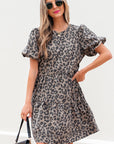 Zaylee Denim Leopard Short Puff Sleeve Mini Dress