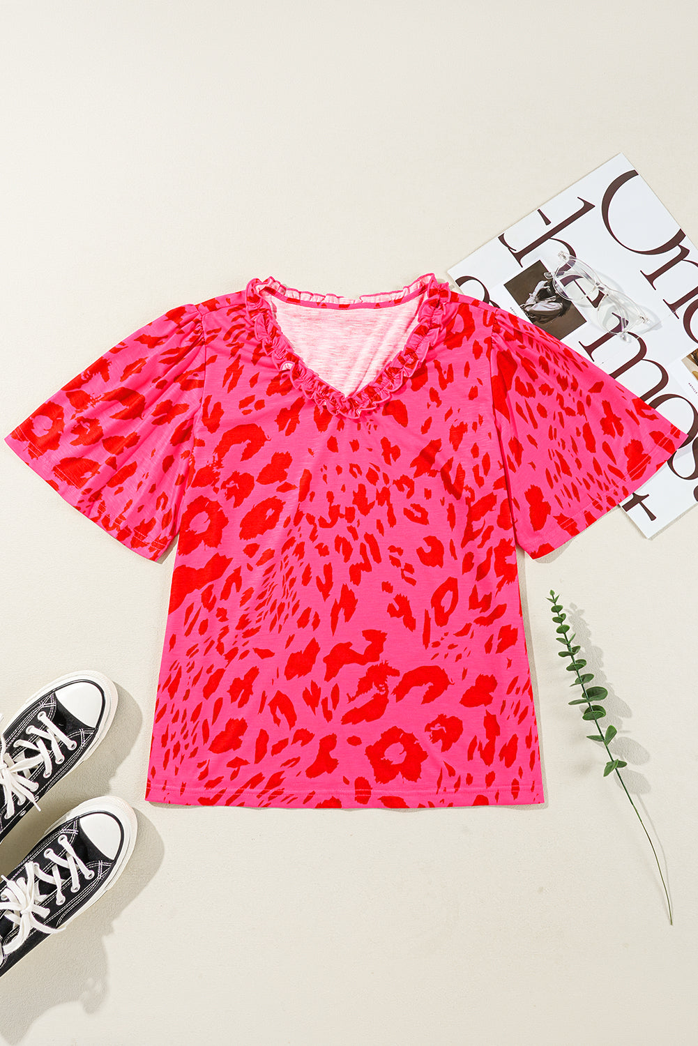 Laurel Leopard Frilly V Neck Short Sleeve Blouse