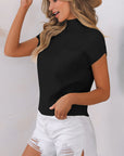 Solid Ribbed Knit Patch Pocket Short Sleeve Sweater