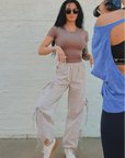 The Leighton Bow Track Pant in Almond