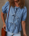 Hope Tied Front Bubble Sleeve Peplum Denim Shirt