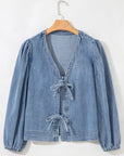 Solid Denim Tie-Front Puff Sleeve Top