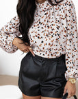 Leopard Lantern Sleeve Pleated Blouse