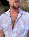 Men black chain with feather and real turquoise