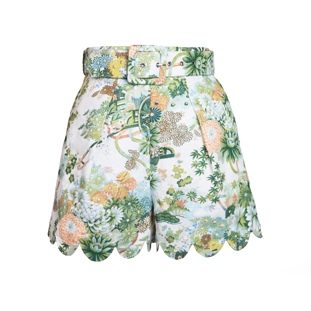 MASON'S DAUGHTER Belted Scallop Shorts, Spring Chinoiserie