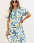 Payton Floral Striped Trim Puff Short Sleeve Dress