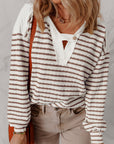 Stripe Textured Long Sleeve Hooded V-Neck Top