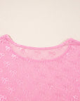 Pink Plus Size Bow Embroidered Mesh Long Sleeve Top