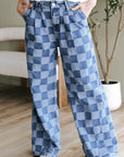 Checker Denim Wide Leg Jeans