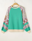 Sky Blue Plus Size Plaid Floral Patchwork Raglan Sleeve Sweatshirt