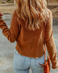 Solid Waffle Knit Round Neck Long Sleeve Top