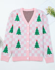 Checker Christmas Tree Buttoned V-Neck Cardigan Sweater