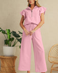 Textured Ruffle Sleeve Zipped Top and Wide Leg Pants Set