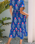 Floral Puff Sleeve V-Neck Midi Dress