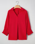 Solid Collared V-Neck Smocked 3/4 Sleeve Top
