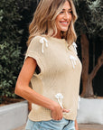 Solid Bow Applique Cap Sleeve Sweater