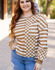Khaki Striped Checkered Mixed Print Chest Pocket Casual Plus Size Top