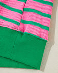 Pink Stripe Waffle Knit Crew Neck Plus Size Sweatshirt