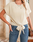 Solid Knotted Hem Short Sleeve Blouse