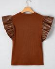Leather Patchwork Ruffle Sleeve Blouse