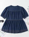 Gracelyn Puff Sleeve Lace-up Neckline Denim Blouse