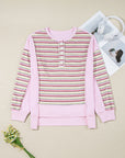 Stripe Patchwork Reverse Seam Henley Sweatshirt