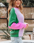 Colorblock Textured Knit Drop Shoulder Sweater