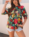 Adhara Flower Embroidered Trim Half Sleeve Blouse