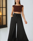 Solid Ruffle Wide Leg High Waist Pants