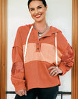 Stripe Patchwork Waffle Knit Long Sleeve Hooded Top