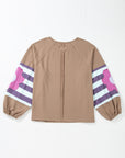 Light French Beige Flower Striped Patchwork Puff Sleeve Loose PLUS Sweatshirt