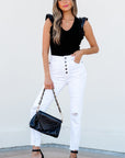 Aniyah Ruffle Patchwork Ribbed V Neck Bodysuit