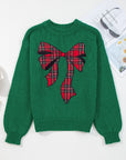 Plaid Bow Drop Shoulder Christmas Sweater