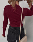 Solid Metallic Ribbed Knit Long Sleeve Top