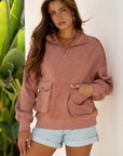 Solid Reverse Seam Half-Zip Side Pocket Sweatshirt