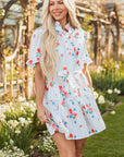 Siya Blue Stripe Floral Ruffle Short Sleeve Belted Mini Dress
