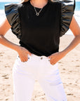 Leather Patchwork Ruffle Sleeve Blouse
